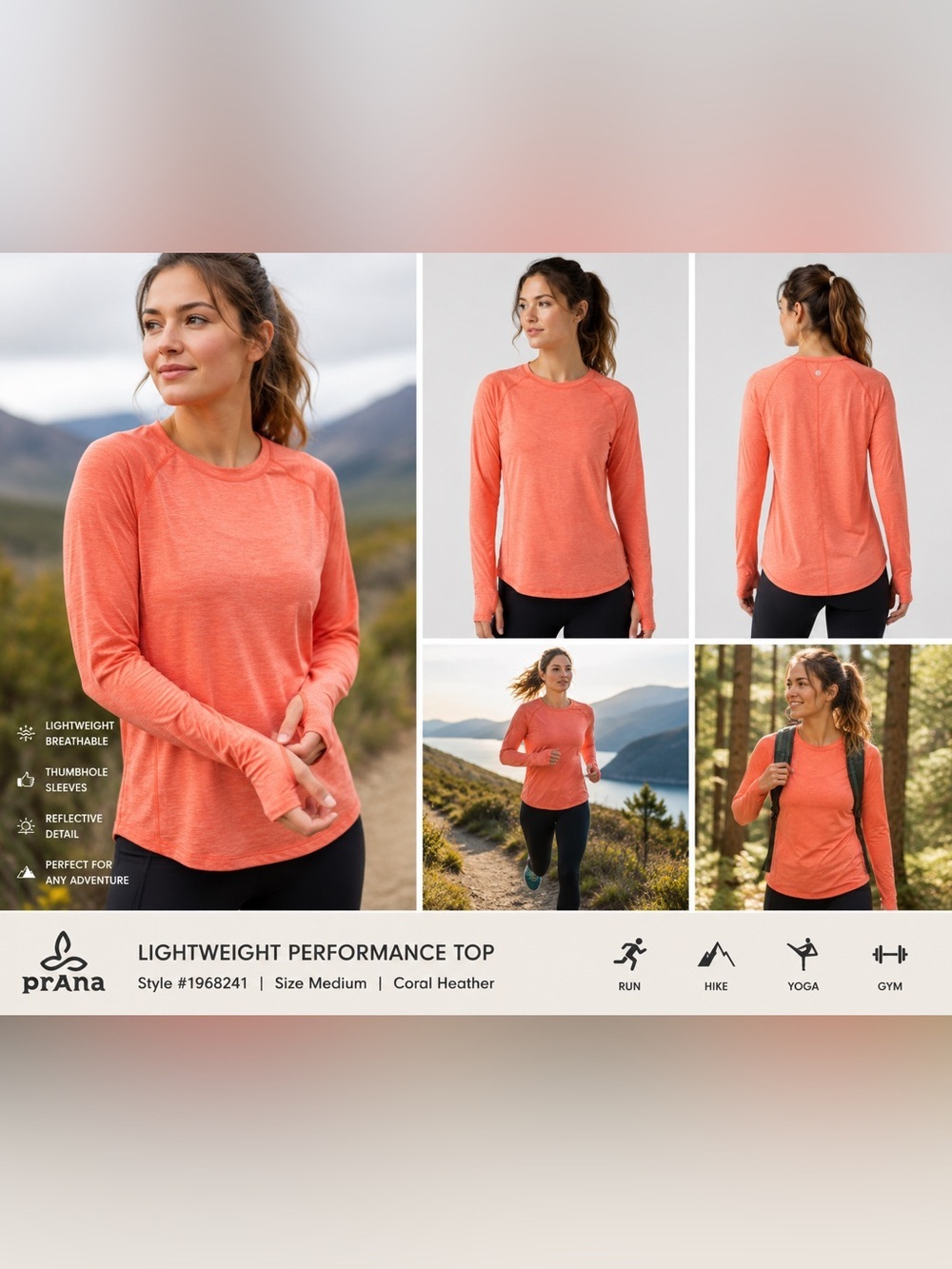 prAna Coral Heather Performance Top M | Thumbholes Running Hiking Activewear